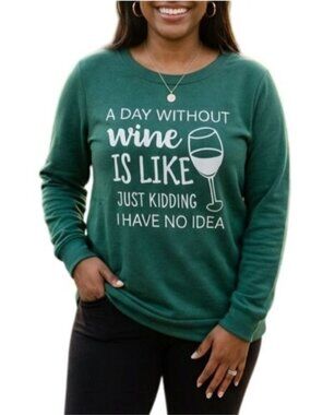 Lilicloth Size Large Sweatshirt Wine-Themed Green Crewneck Long Sleeve Top